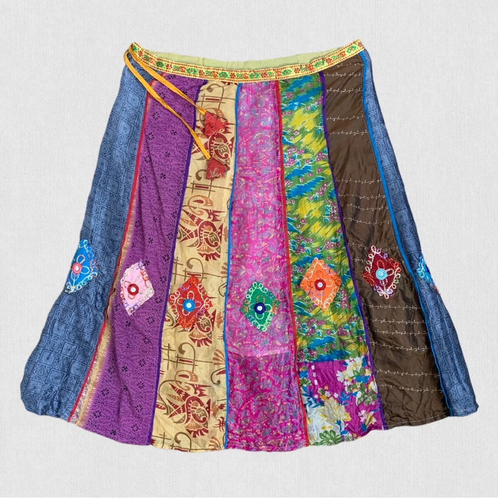 HANDMADE | 100% Silk Colorful Multi-Print Patchwork Paisley Tie Waist Skirt